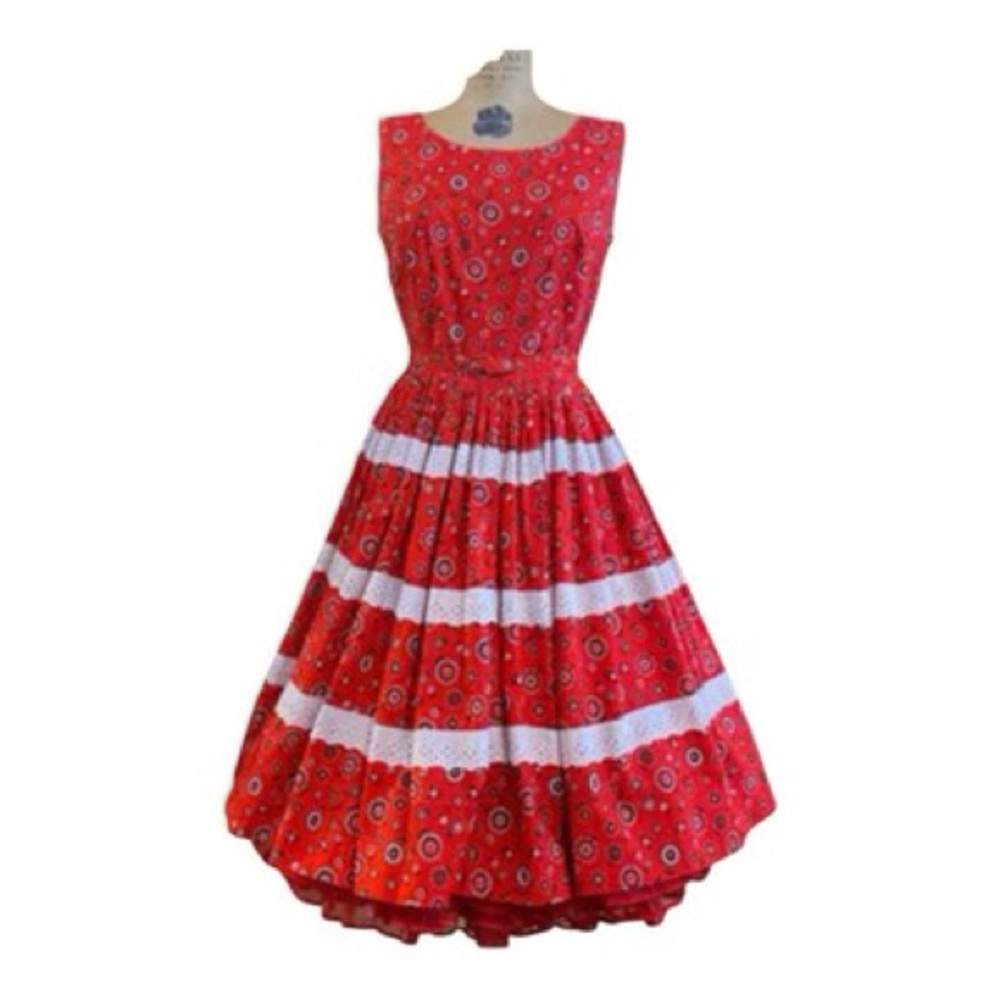 Vintage 1950s Sears Patio Dress Talon Zipper Floral Eyelet Lace Trim Size Medium